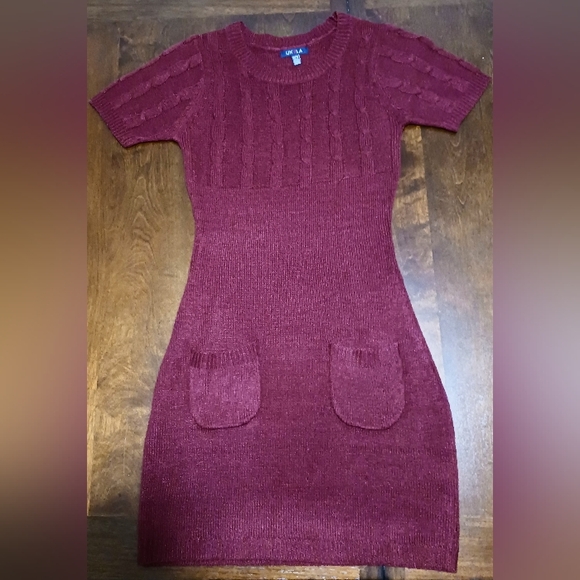 Burgundy Cable Knit Sweater Dress with Pockets - Picture 2 of 5